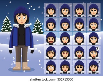 Winter Woman Cartoon Emotion faces Vector Illustration
