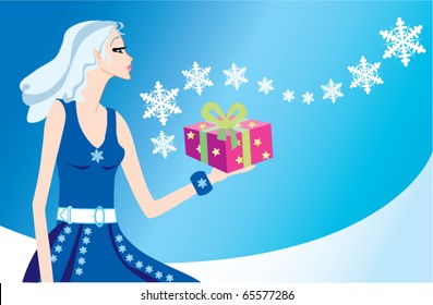 Winter woman with gift and snowflake