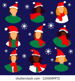 Winter woman icon avatar set new year merry cristmas 2019