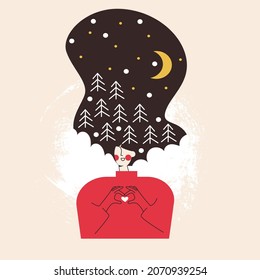 Winter woman with long hair is dreaming and fantasize. Feminine concept flat vector illustration. Girl with universe starry night in hair. Tarot or greeting card design. Christmas and Happy New Year