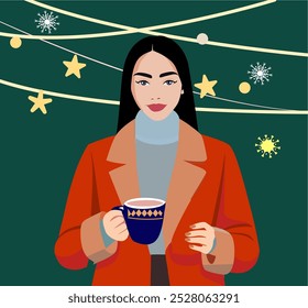 Winter. Woman reads book and drinks tea, or coffee outdoors. Fall picnic. Girl sitting on plaid on field or in the park. Rural landscape. Cozy winter. the girl holds two cups of coffee in her hands