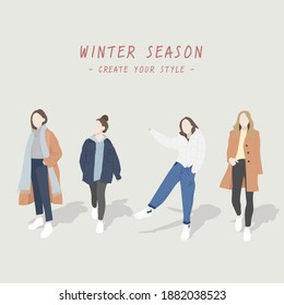 Winter women style, cute characters, and fashionable.