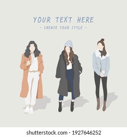 Winter women style, cute characters, and fashionable.