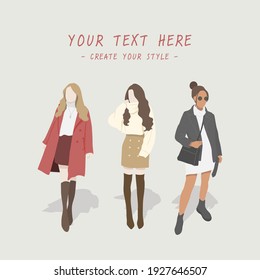Winter women style, cute characters, and fashionable.