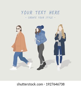 Winter women style, cute characters, and fashionable.