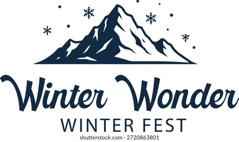 Logotipo del festival de invierno de la maravilla del invierno que presenta una cordillera nevada majestuosa con los copos de nieve que caen