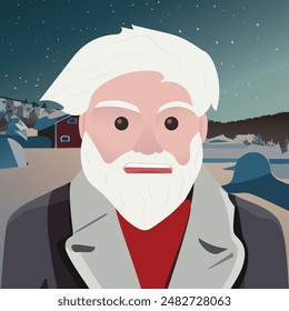 Winter wonderland adventure! Captivating snowy landscape with an enigmatic bearded Scandinavian man under the starry night. Apply it for various display uses!