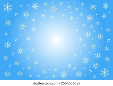 Winter wonderland background filled with delicate snowflakes and sparkling bubbles in a soft blue hue.