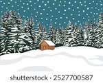 Winter wonderland  background illustration, forest scene: Snow-covered landscape with cozy cottage surrounded by snow covered pine trees. Hand drawn vector illustration.