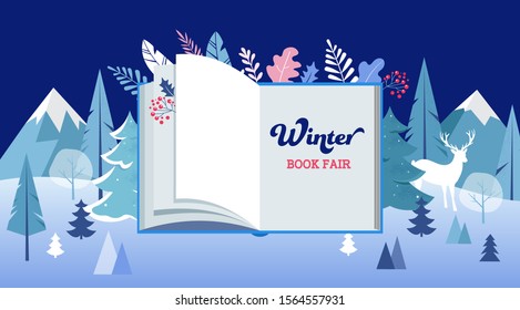 Winter wonderland, Book fair banner with open book and frozen trees. Vector illustration