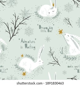 Winter Wonderland - Bunny in Magic Forest Seamless Pattern