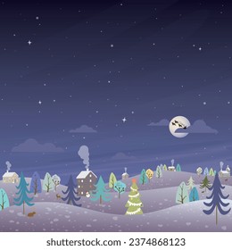 Winter Wonderland in christmas night background childish style vector illustration. Merry Christmas greeting card template have blank space.