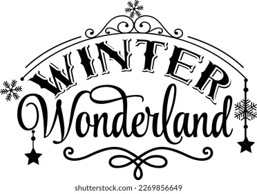 Winter Wonderland, Christmas quote handwritten on black background decorated with red santa hat and mittens. Winter holidays greeting, calligraphy inscription.