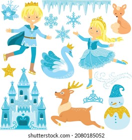 Winter Wonderland Clipart Set With Ice Castle, Princess, Prince And Animals