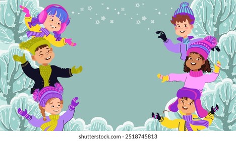 Winter wonderland. Cute kids  playing in winter wonderland. Cheerful children dressed in warm costumes. Cartoon smiling multiethnic boys and girls. Vector flat illustration.