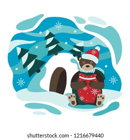 Winter wonderland. The fabulous Bear. The Bear and den. Children's book illustration. Winter Christmas illustration