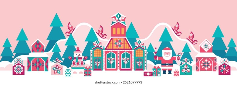 Winter  wonderland fantasy background with Santa and snowman, fairytale palace and houses, gifts against winter landscape with mountains, fir trees and sleds. Banner, event advertising, packaging 