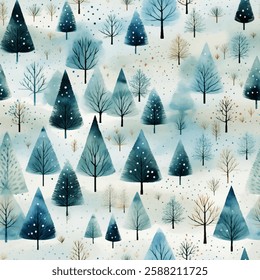 A winter wonderland filled with beautifully painted trees, showcasing shades of blue and white, invoking a calm and serene feeling, seamless watercolor vector pattern