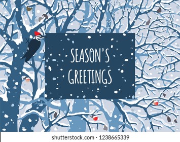 Winter Wonderland. First Snow. Season’s greeting card. Hand drawn vector illustration of snowfall,  trees, woodpecker, apples.
