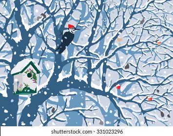 Winter Wonderland - First Snow.
Hand drawn vector illustration of first snow covering cute painted birdhouse, trees, woodpecker, apples.
