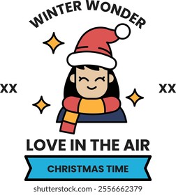 Winter wonderland with a girl in a red hat and scarf. The girl is smiling and the background is filled with stars. The text says "Love in the air Christmas time"