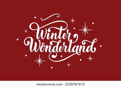 Winter wonderland handwritten text with stars and snowflakes. Hand lettering typography. Modern brush ink calligraphy. Vector illustration as greeting card, banner, poster, logo. Season's greeting