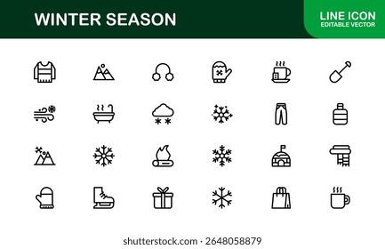 Winter wonderland icons: a modern line icon collection for cozy designs. This unique winter season line icon set offers professional, minimal graphics.