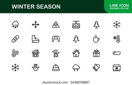 Winter wonderland icons: a modern line icon collection for cozy designs. This unique winter season line icon set offers professional, minimal graphics.