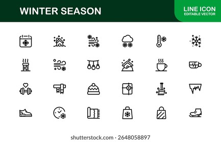 Winter wonderland icons: a modern line icon collection for cozy designs. This unique winter season line icon set offers professional, minimal graphics.
