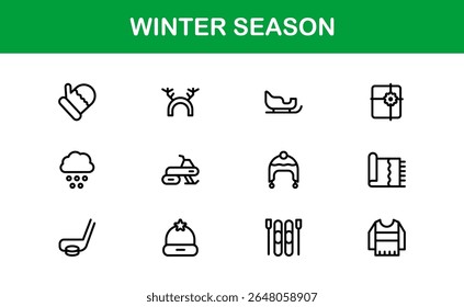 Winter wonderland icons: a modern line icon collection for cozy designs. This unique winter season line icon set offers professional, minimal graphics.