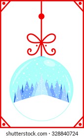 Winter wonderland illustration concept. Vector illustration of a transparent glass ball with winter mountain or forest on snowy light blue background, framed in a red frame.