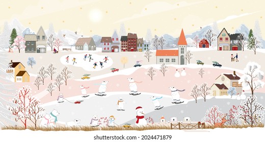 Winter wonderland landscape background at night with polar bear having fun in the city on new year,Christmas day in village with people celebration, kids playing ice skate, teenager skiing on mountain