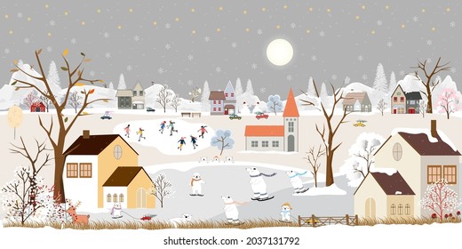 Winter wonderland landscape background at night with polar bear having fun in the city on new year,Christmas day in village with people celebration, kids playing ice skate, teenager skiing on mountain