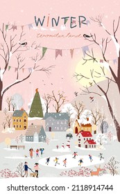 Winter wonderland landscape background at night with people celebration and kids having fun at park in village.Vector illustration Cute cartoon for greeting card  or banner for Christmas or New Year 