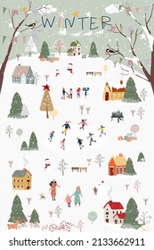 Winter wonderland landscape background at night with people celebration and kids having fun at park in village.Vector illustration Cute cartoon for greeting card  or banner for Christmas or New Year 