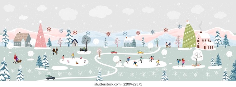 Winter wonderland landscape background at night with people celebration and kids having fun at park in village.Vector illustration Cute cartoon for greeting card  or banner for Christmas or New Year 