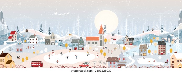 Winter wonderland landscape background at night with people having fun in the city on new year,Christmas day in village with people celebration, kids playing ice skate, teenager skiing on mountain