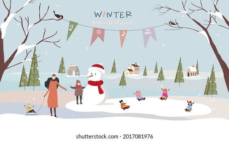 Winter wonderland landscape background with people celebration and kids having fun at park in village.Vector illustration Cute cartoon for greeting card or banner for Christmas or New Year 