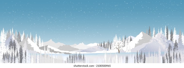 Winter wonderland landscape by the lake covered with frost tree in the snowdrifts.Magical winter forest of beautiful Natural with snow falling on blue sky background,Vector illustration horizon banner
