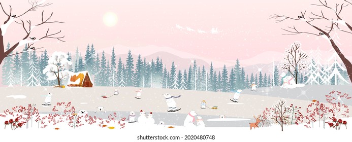 Winter wonderland landscape card with misty pine trees, cute polar bear playing ice skating on hills,Vector illustration banner of peaceful natural for Merry Christmas,New Year background 2022