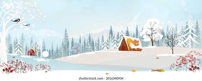 Winter wonderland landscape card with silhouettes of misty pine trees in forest with wooden barn,Vector illustration banner of peaceful natural in minimalist style for Christmas,New Year background