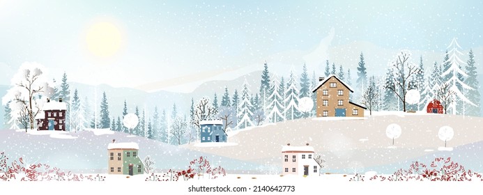 Winter wonderland landscape card with silhouettes of misty pine trees in forest with wooden barn,Vector illustration banner of peaceful natural in minimalist style for Christmas,New Year background