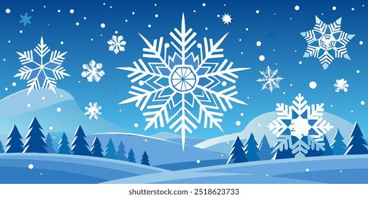 A winter wonderland landscape with falling snow and a variety of snowflakes. The scene features a snowy forest and hills, creating a picturesque backdrop. Perfect for winter-themed designs, cards.