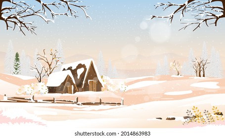Winter wonderland landscape with farm fields, farmhouse and sunrise,Vector cartoon seasonal in countryside with bokeh sunlight, Beautiful natural scenery in winter for Christmas or New year greeting 