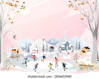 Winter wonderland landscape at night with people having fun outdoor activities on new year,Vector city landscape on Christmas holidays with people celebration, kid playing ice skates, teenagers skiing