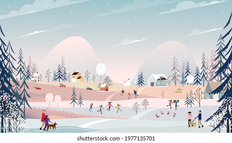 Winter wonderland landscape at night with people having fun outdoor activity on new year,Vector Background banner for Christmas and New Year 2022 holidays with  Village people celebrating in the park