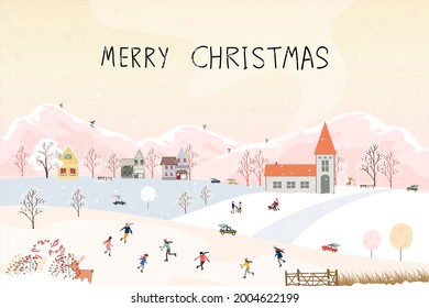 Winter wonderland landscape at night with people having fun outdoor activities on new year,Vector city landscape on Christmas holidays with people celebration, kid playing ice skates, teenagers skiing