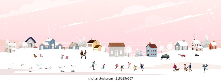 Winter Wonderland landscape at night with people having fun doing outdoor activities on new year eve,Vector cityscape on Christmas holidays with people celebration, kids playing ice skates in the park