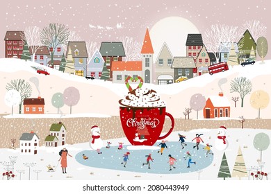 Winter wonderland landscape in the town with hot chocolate mug decoration, Happy kid playing ice skates in the park,Winter city nightlife on holiday, Christmas and new year 2022 background