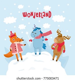Winter Wonderland. Magic kids illustration with cute little fox, unicorn, reindeer. Winter landscape. Childish greeting card. Hand drawn letters.
